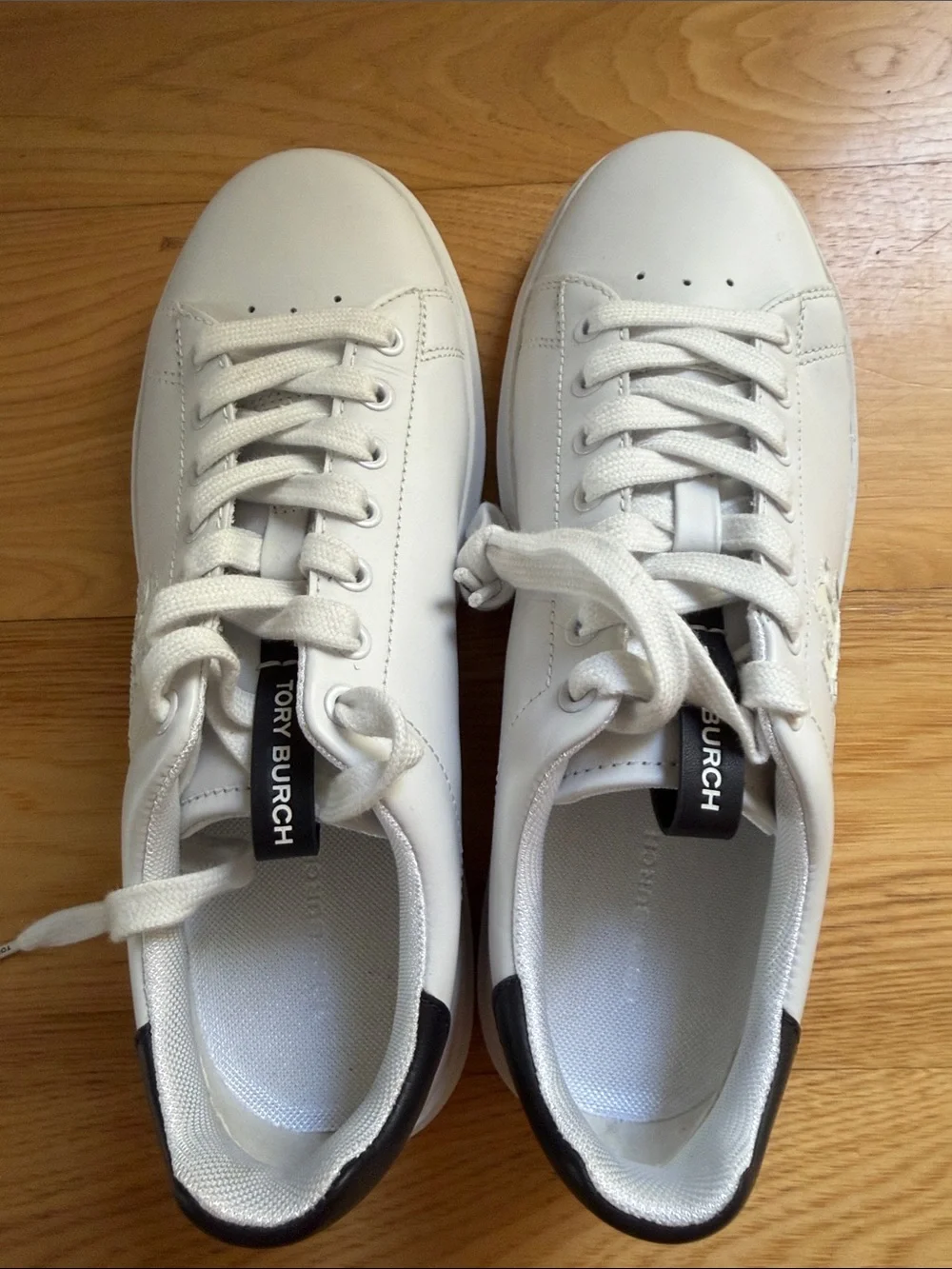 Tory Burch White Leather Low-Top Sneakers with Black Heel